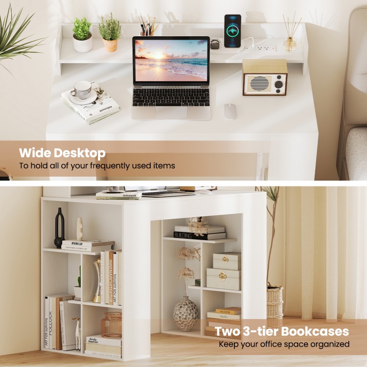 43-inch white computer desk with built-in power outlets and two 3-tier bookcases for organized office space.