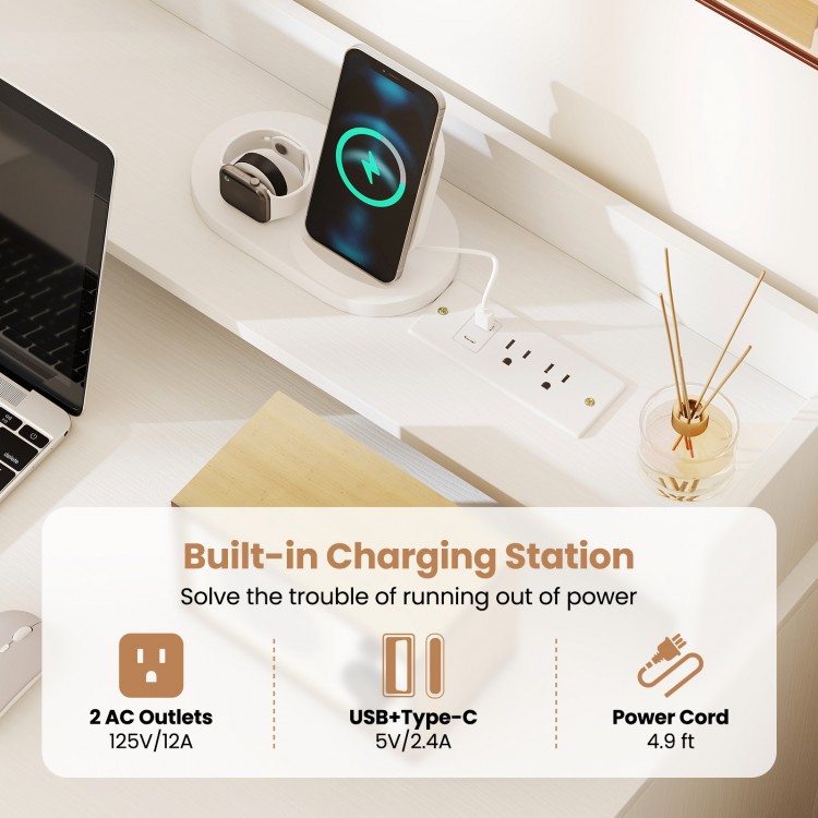 43-inch white computer desk featuring a built-in charging station with 2 AC outlets, USB, and Type-C ports for.