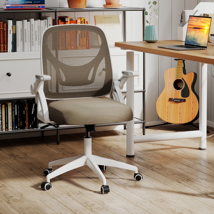 Ergonomic gray computer desk chair with lumbar support and flip-up arms, designed for comfort and mobility in an office.