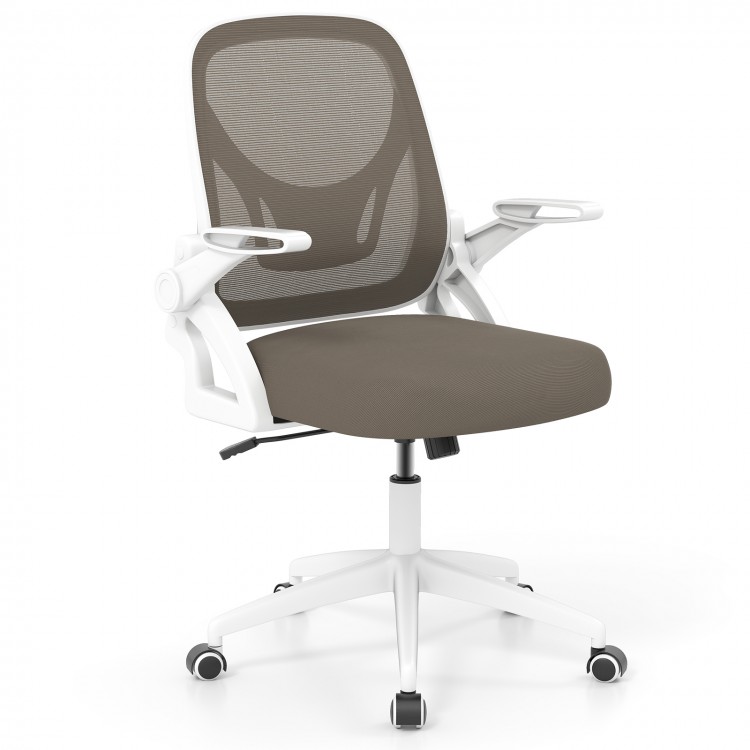 Ergonomic computer desk chair with gray mesh fabric, lumbar support, and flip-up arms for space-saving convenience.