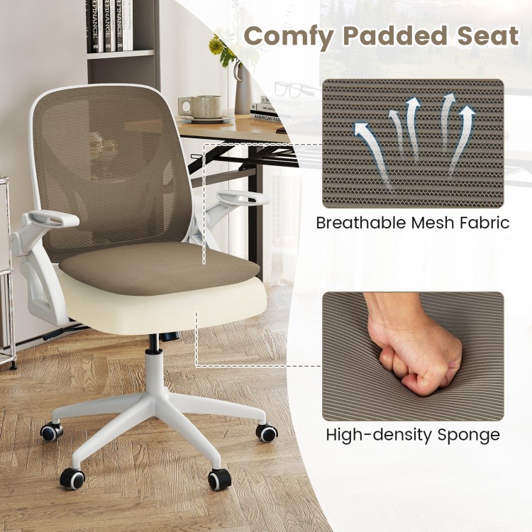 Ergonomic gray computer desk chair with breathable mesh fabric, padded seat, and flip-up arms for space-saving.