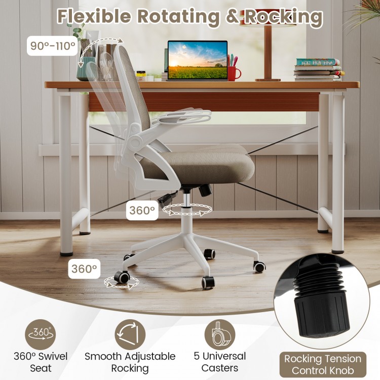 Ergonomic gray computer desk chair with lumbar support, flip-up arms, and 360° swivel for comfortable workspace.