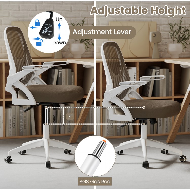 Ergonomic computer desk chair in gray with adjustable height and flip-up arms for optimal lumbar support and comfort.