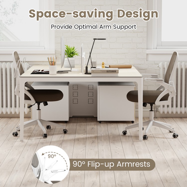 Ergonomic gray computer desk chair with lumbar support and 90° flip-up armrests for space-saving convenience.