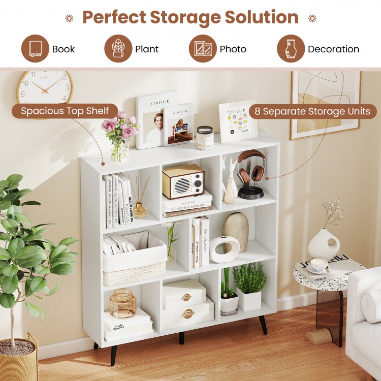 8-cube bookcase in white with 5 tapered metal legs, featuring ample storage for books and decor in a stylish design.