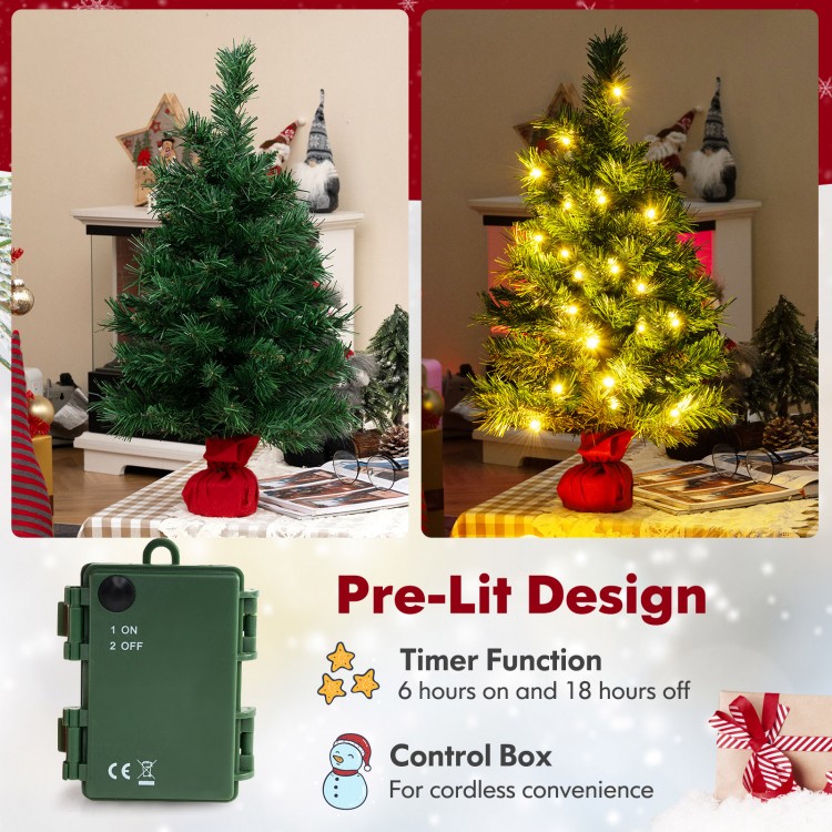 24-inch mini pre-lit Christmas tree with warm white LED lights, red cloth base, and built-in timer for festive decor.
