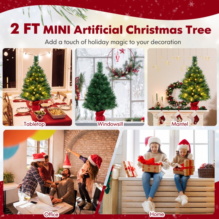 Mini 24-inch pre-lit Christmas tree with warm white LED lights, perfect for tabletop decoration in home or office.