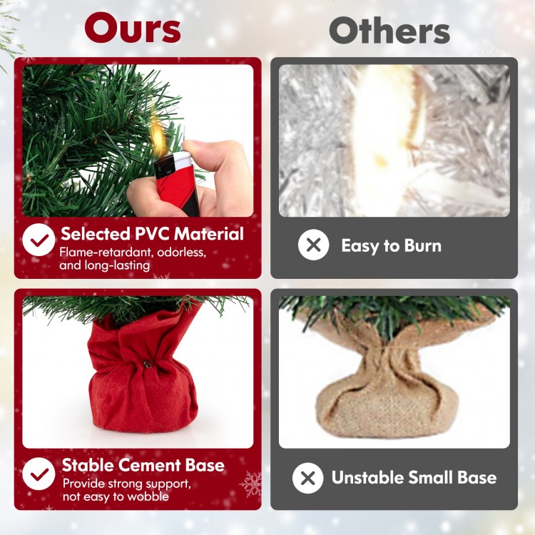 24-inch mini pre-lit Christmas tree with warm white LED lights and a stable cement base wrapped in a festive red cloth.