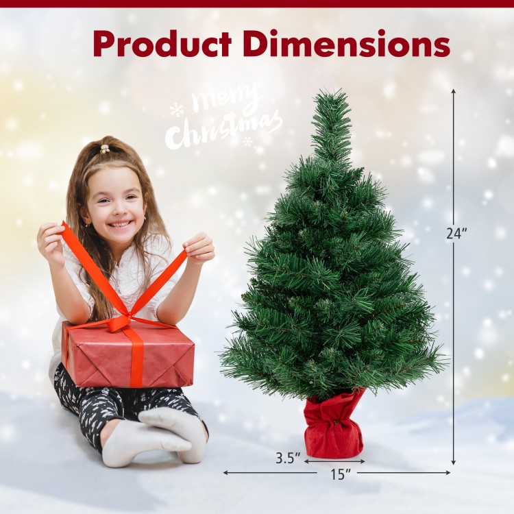 Mini 24-inch pre-lit Christmas tree with warm white LED lights, ideal for festive tabletop decoration.