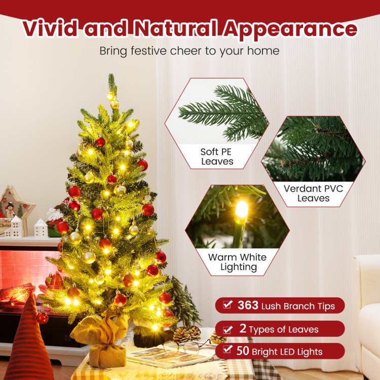 3 feet mini pre-lit artificial Christmas tree with burlap base, featuring warm white lights and realistic PVC leaves.
