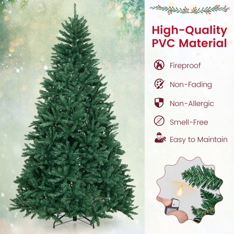 7.5 feet artificial Christmas tree with 2254 branch tips, fireproof PVC material, and a sturdy folding metal stand.
