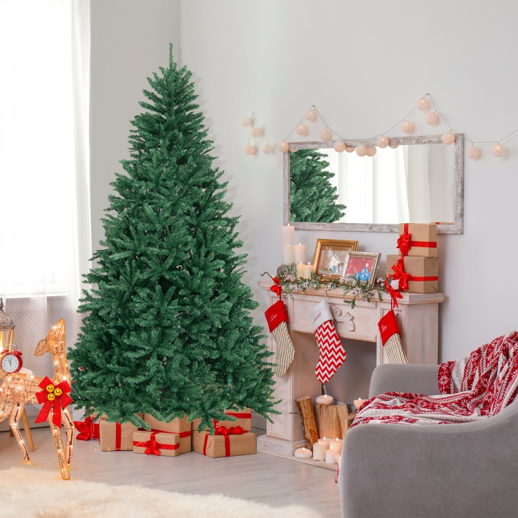 7.5 feet artificial Christmas tree with lush branch tips and a sturdy folding metal stand, perfect for festive decor.