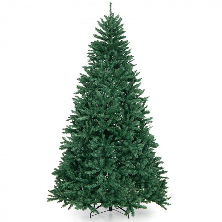 7.5 feet artificial Christmas tree with 2254 branch tips and a sturdy folding metal stand for festive decoration.