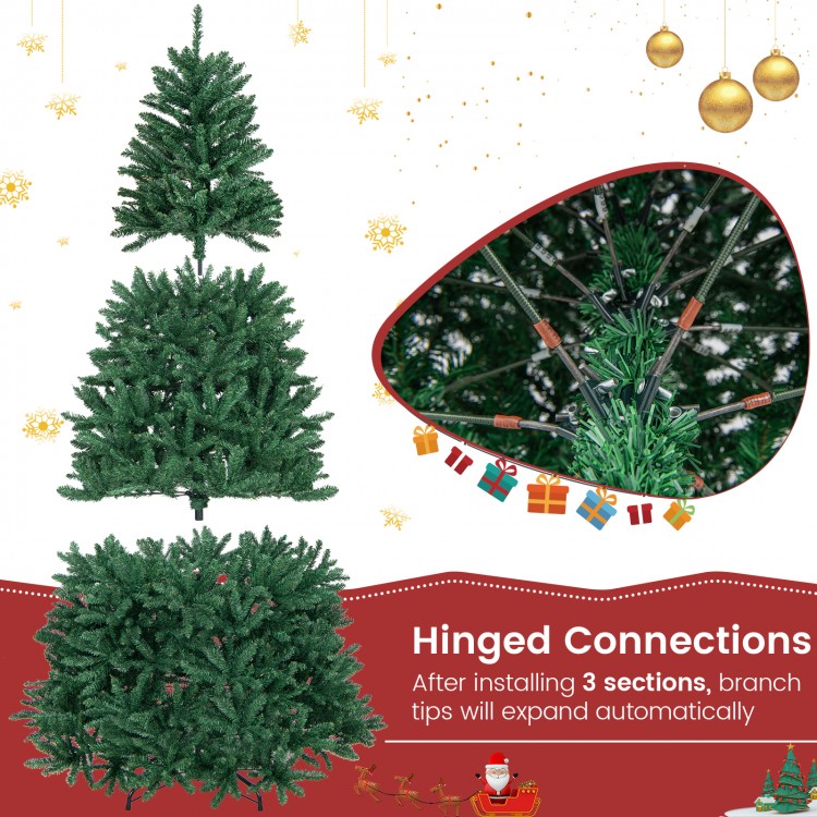 7.5 feet artificial Christmas tree with hinged connections and folding metal stand, perfect for festive home decor.