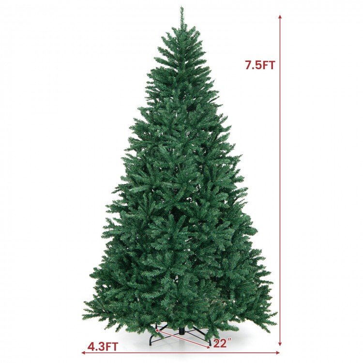 7.5-foot artificial Christmas tree with 2254 branch tips and a sturdy folding metal stand for festive decoration.