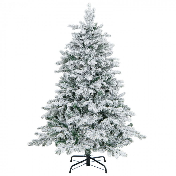 Flocked 4.5 ft Christmas tree showcasing a realistic snowy appearance, ideal for holiday celebrations in any space.