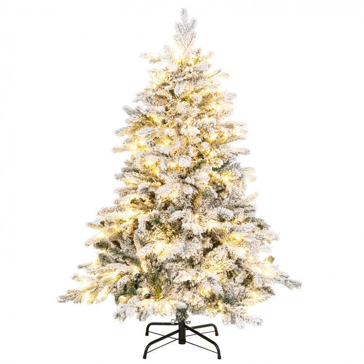 Flocked 4.5 ft Christmas tree with warm white LED lights, featuring lush branch tips and a stable folding metal stand.