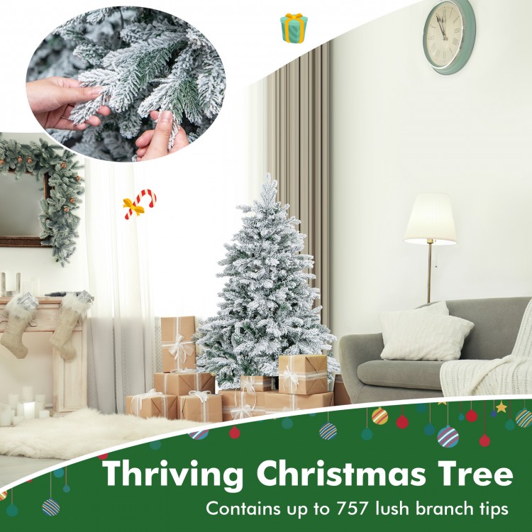 Flocked 4.5 ft Christmas tree with 757 branch tips and warm white LED lights, perfect for festive home decoration.