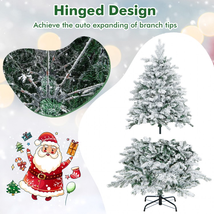 Flocked 4.5 ft Christmas tree with warm white LED lights and hinged design for easy setup, perfect for festive decor.