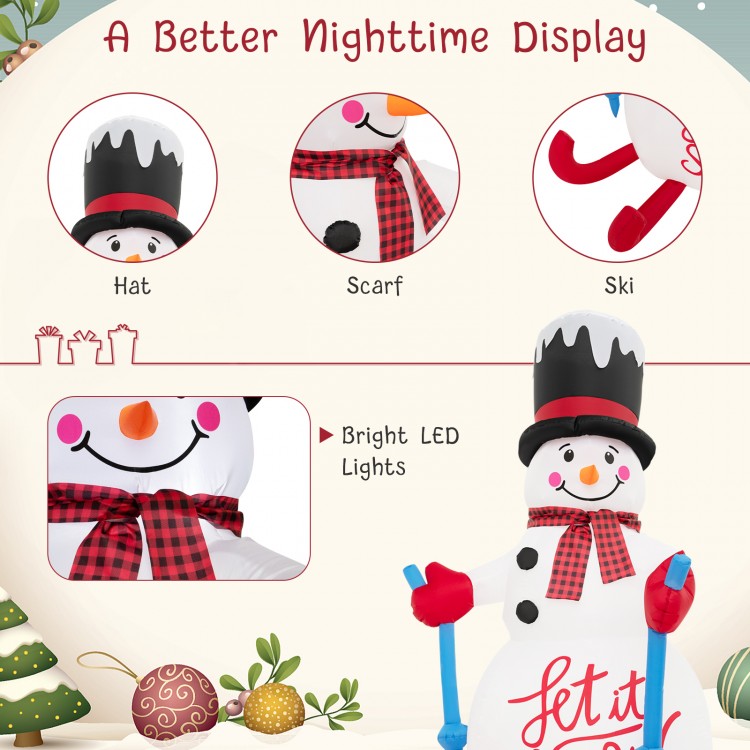 6FT Christmas inflatable snowman decoration with bright LED lights, scarf, and built-in sandbag for outdoor stability.