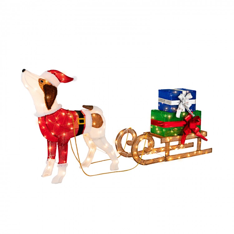 Pre-lit outdoor Xmas dog in Santa outfit pulling a sleigh with presents, perfect for festive porch decoration.