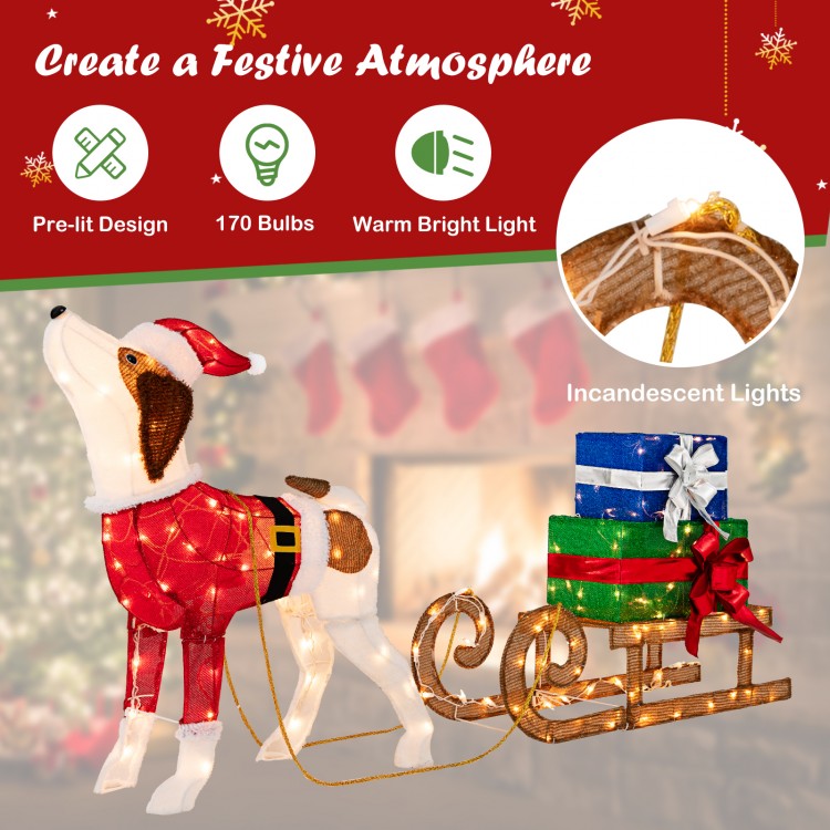 Pre-lit outdoor Xmas dog and sleigh with 170 warm bright lights, perfect for festive garden or porch decoration.