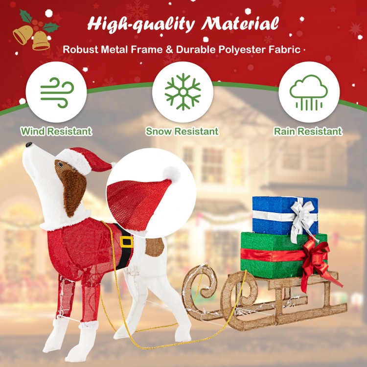 Outdoor pre-lit Xmas dog and sleigh with 170 warm lights, featuring a durable fabric and metal frame for festive decor.