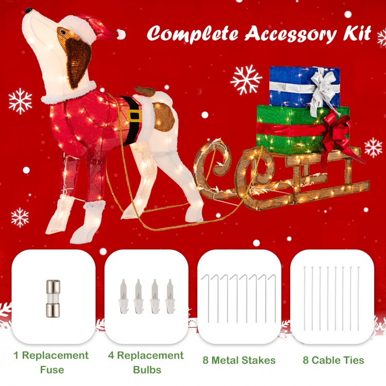 Outdoor pre-lit Xmas dog and sleigh with 170 warm bright lights, includes replacement bulbs and metal stakes for.