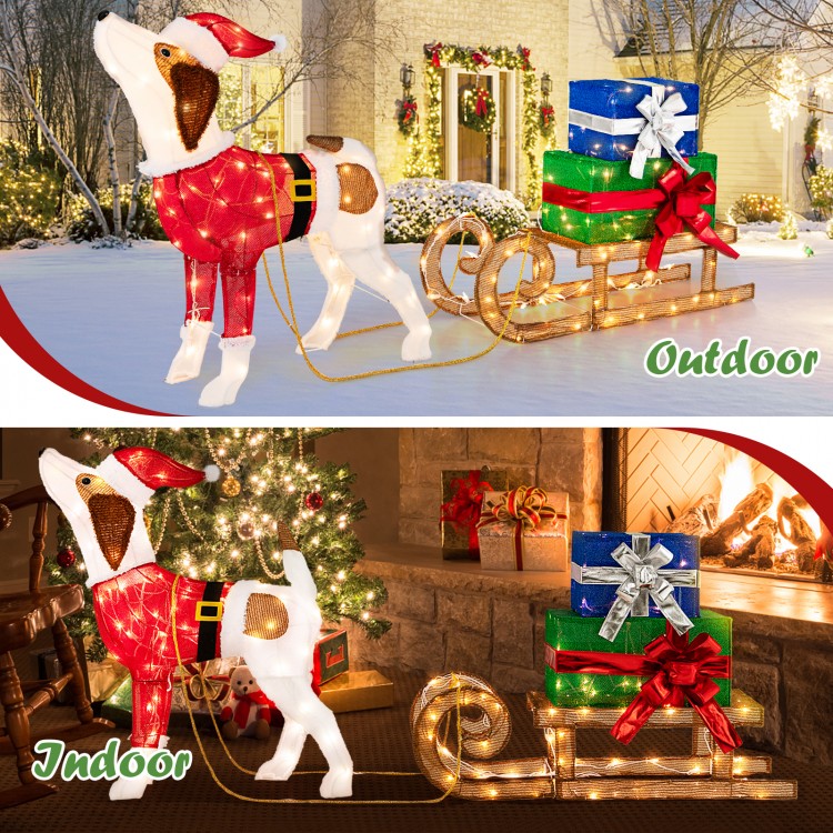Pre-lit outdoor Xmas dog and sleigh with 170 warm lights, perfect for festive porch decoration and stable in outdoor.