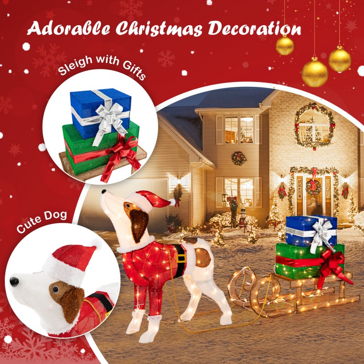 Outdoor pre-lit Christmas decoration featuring a dog in a sleigh with gifts, ideal for porch and yard festivities.