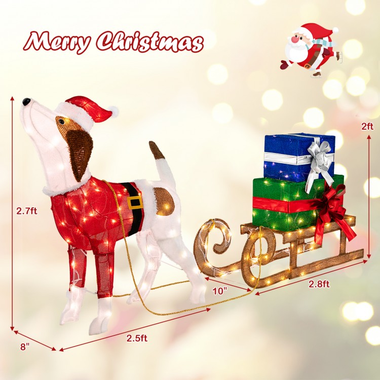 Pre-lit outdoor Xmas dog and sleigh with 170 warm lights, perfect for festive garden and porch decorations.