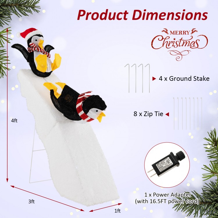 4 feet Christmas penguin ice skating decor on snowy slide with 130 LED lights, perfect for indoor and outdoor holiday.