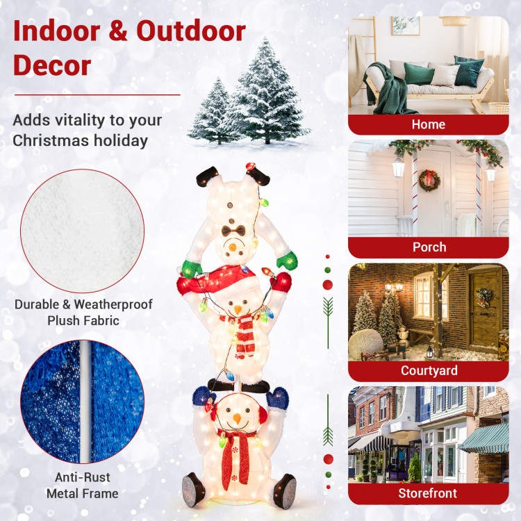 Lighted stacked snowmen Christmas decoration, 5.6 feet tall, with 150 LED lights for festive indoor and outdoor decor.