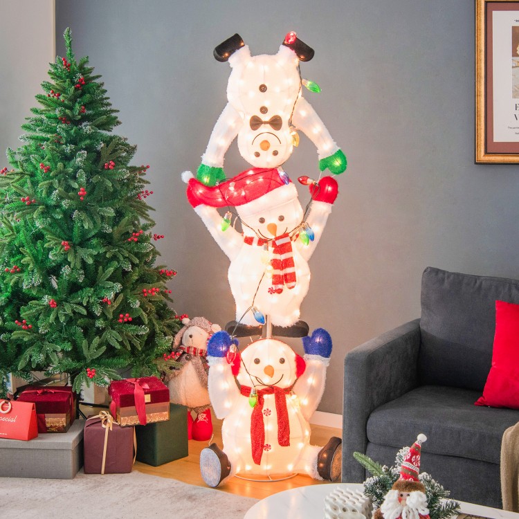 Stacked snowmen Christmas decoration with 150 LED lights, perfect for indoor or outdoor holiday decor.