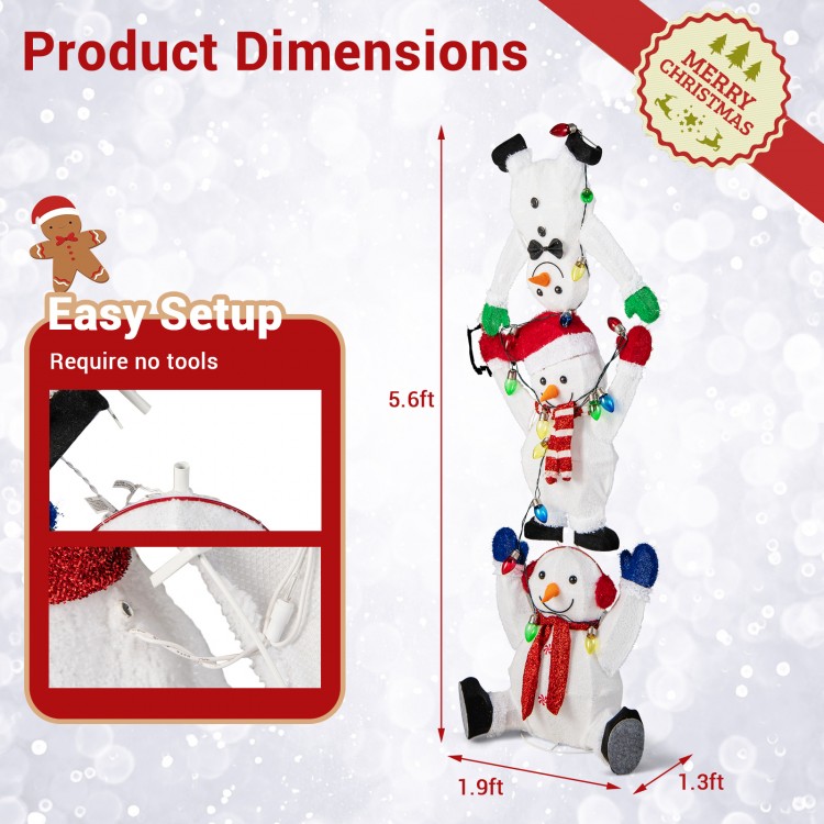 Stacked snowmen Christmas decoration, 5.6 feet tall, featuring 150 warm-white LED lights for indoor or outdoor use.