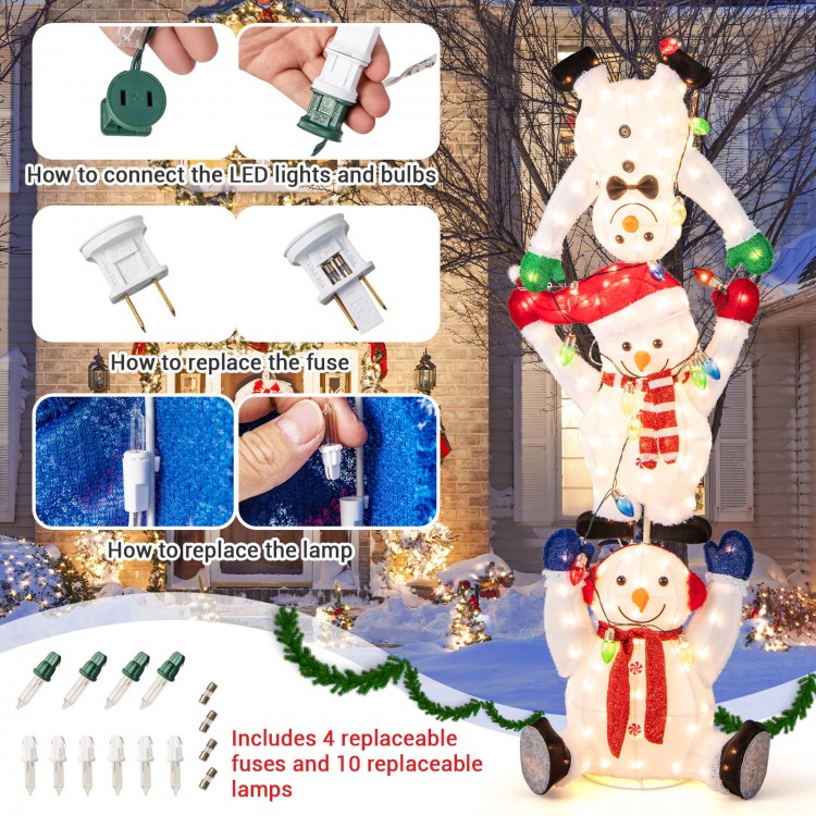 Stacked snowmen Christmas decoration with 150 LED lights, colorful accents, and extra fuses for indoor or outdoor use.