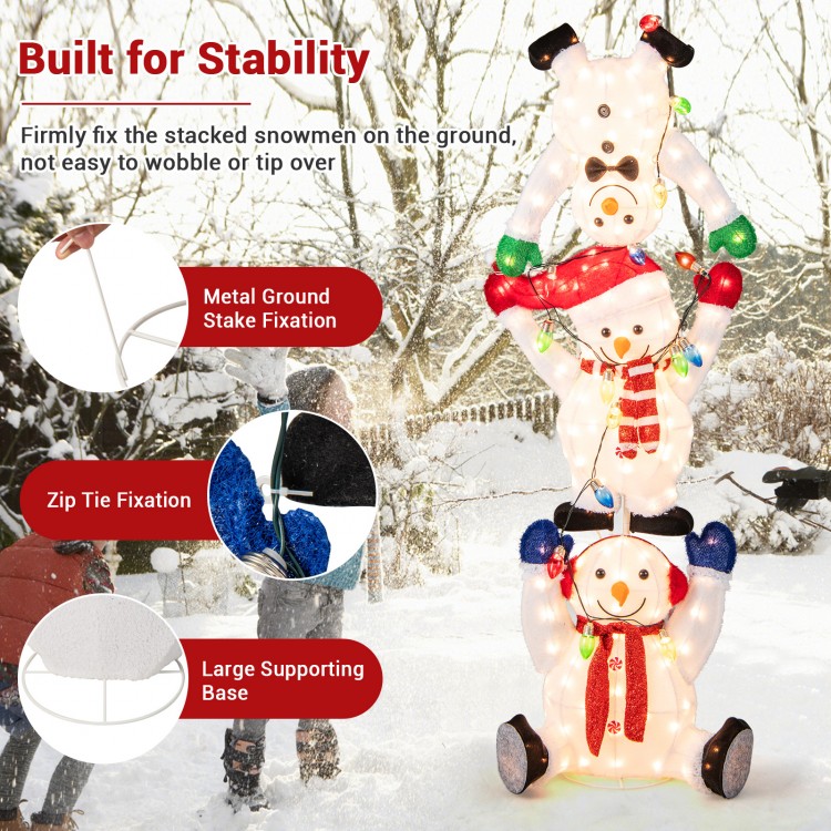 Stacked snowmen Christmas decoration with 150 LED lights, zip tie fixation, and sturdy base for indoor or outdoor use.