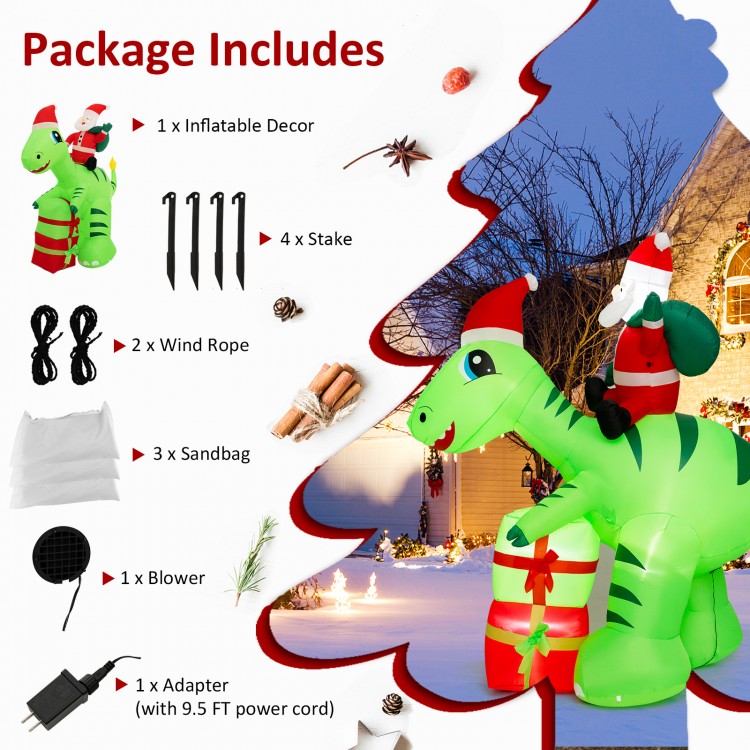 8-foot lighted inflatable dinosaur with Santa and gift boxes, made of weather-resistant polyester for outdoor.