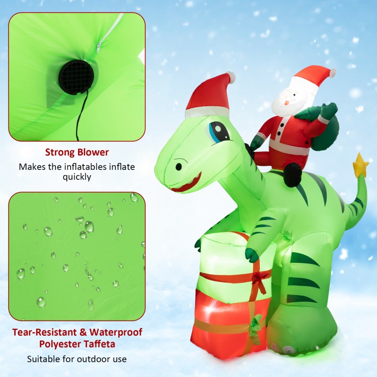 Inflatable 8-foot Christmas decoration featuring Santa Claus riding a dinosaur with gift boxes, made of.