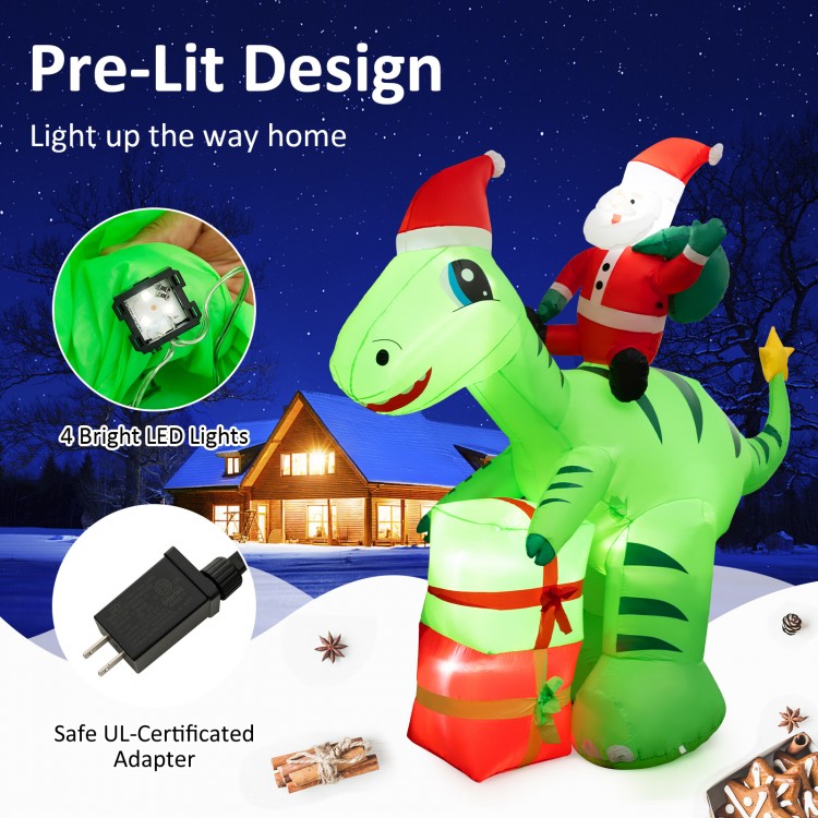 8-foot lighted inflatable dinosaur with Santa and gift boxes, weather-resistant for outdoor Christmas decoration.