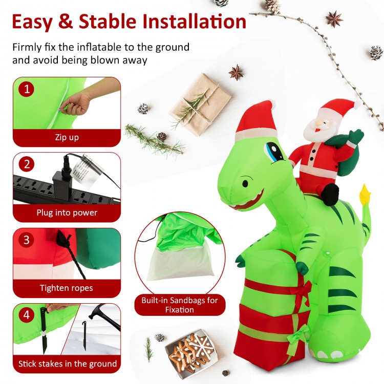 8-foot lighted inflatable Santa Claus dinosaur decoration with gift boxes, featuring sandbags and stakes for stable.