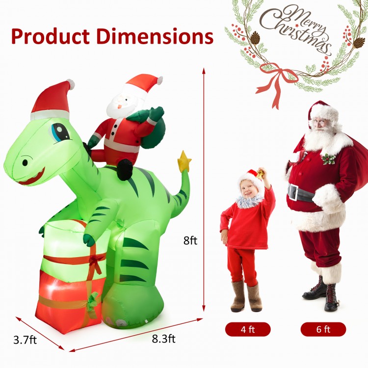 8-foot lighted inflatable dinosaur with Santa and gift boxes, perfect for outdoor Christmas decoration.