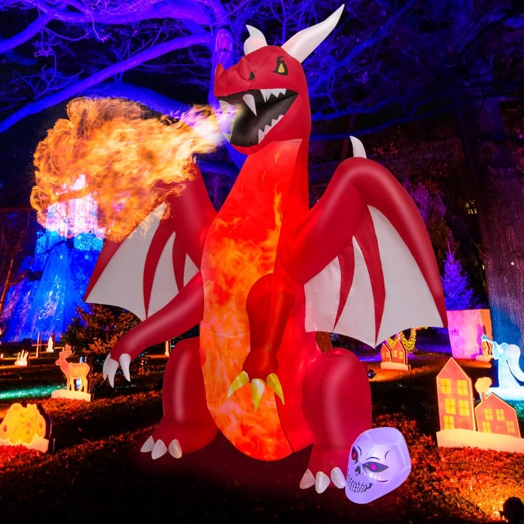 8 Feet Halloween Inflatables Blow-up Red Dragon with Wings Skull - Costway