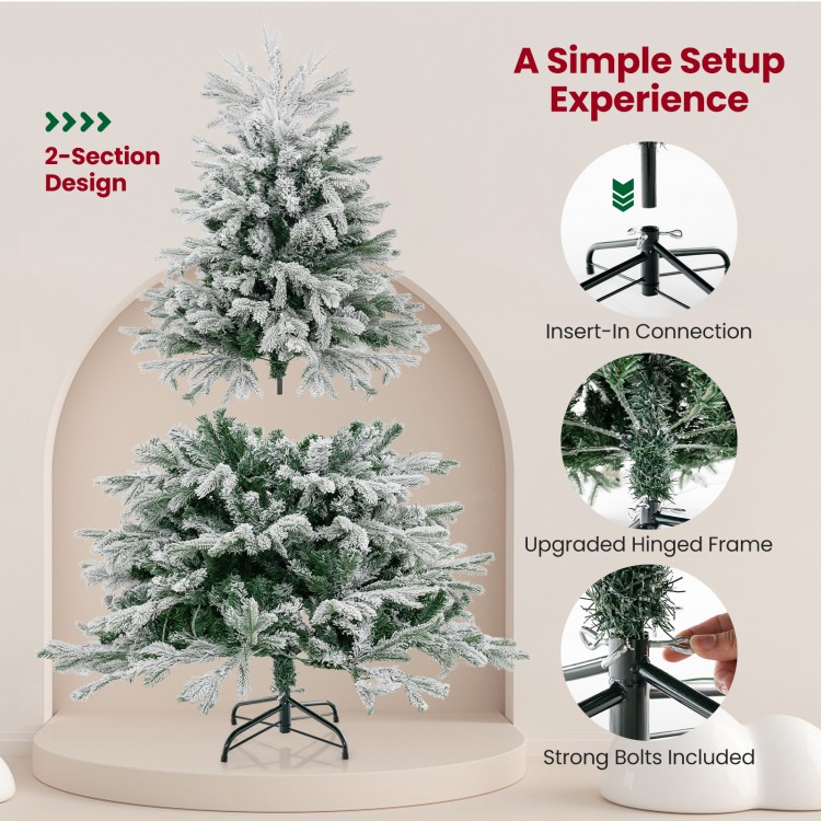 Snowy 4.5 ft artificial pre-lit Christmas tree with warm white LED lights, featuring a 2-section design for easy setup.