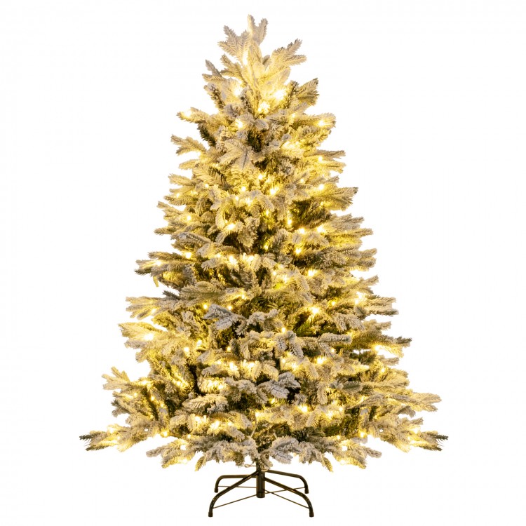 Snowy 4.5 ft pre-lit Christmas tree with warm white LED lights and hinged design for easy setup and storage.