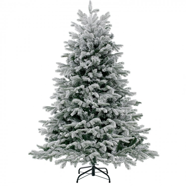 Snowy 4.5 ft artificial Christmas tree with warm white LED lights and hinged design for easy setup and storage.