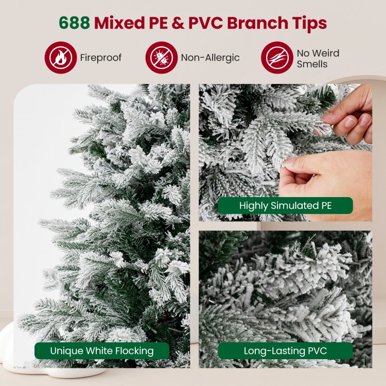 Close-up of the snowy white flocking on a 4.5 ft artificial Christmas tree with mixed PE and PVC branch tips.