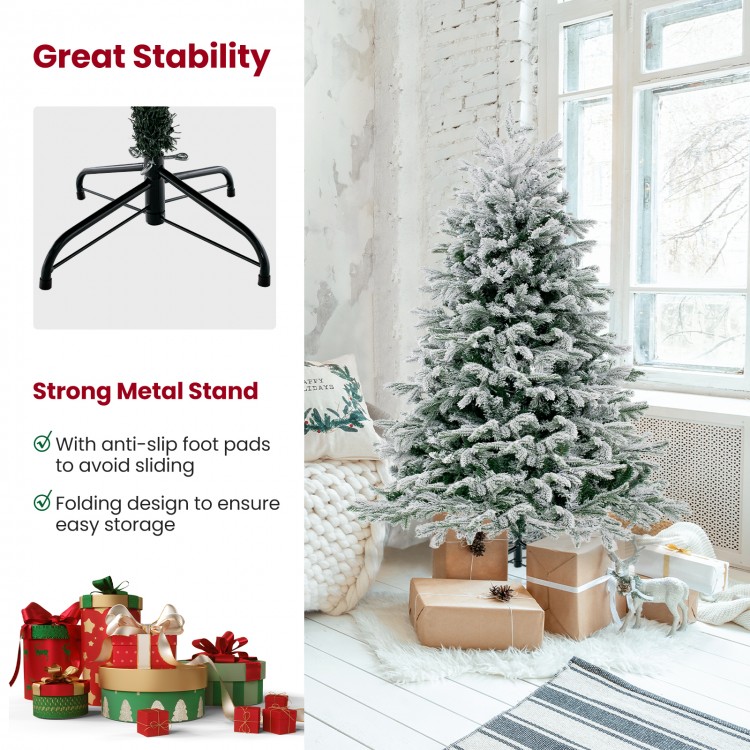 Snowy 4.5 ft artificial Christmas tree with warm white LED lights and strong metal stand for stability and easy storage.