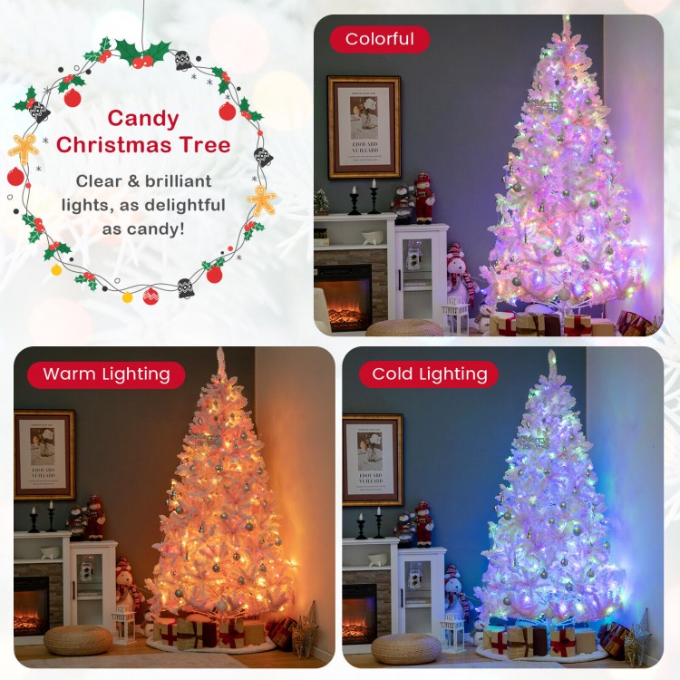 7-foot flocked artificial Christmas tree with 500 LED lights in colorful, warm, and cold lighting for festive decor.