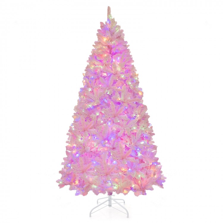 7-foot flocked artificial Christmas tree with 500 LED lights, featuring colorful lighting and 1200 branch tips for.
